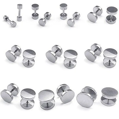 2 Pairs Men Women Stainless Steel Round Tunnel Plug Stud Earrings, Silver Black, 3-14mm