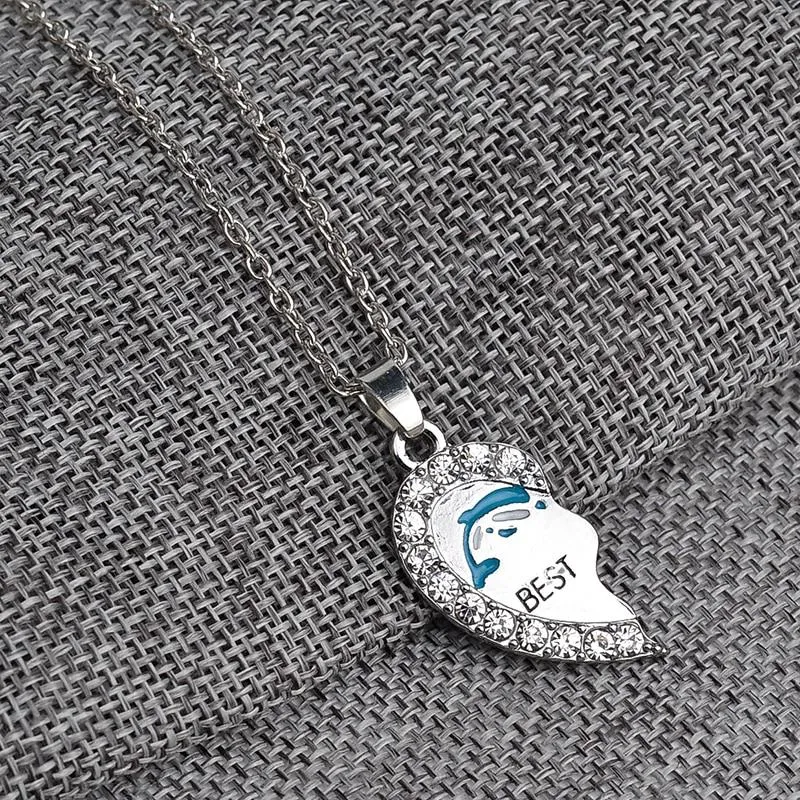 2-Piece Best Friends Heart Crystal Necklace with Dolphin Design