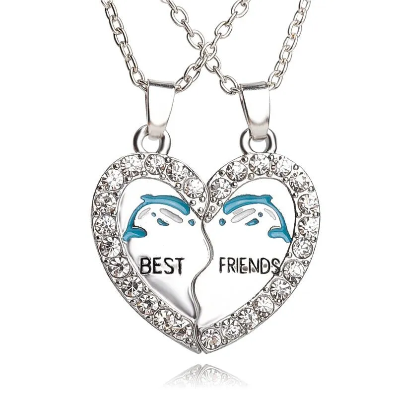 2-Piece Best Friends Heart Crystal Necklace with Dolphin Design