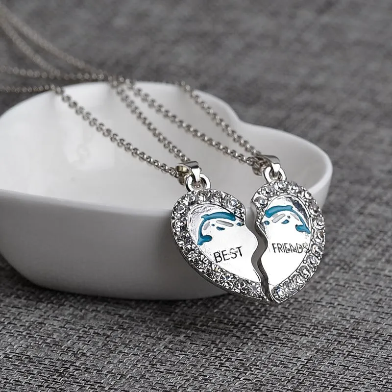 2-Piece Best Friends Heart Crystal Necklace with Dolphin Design