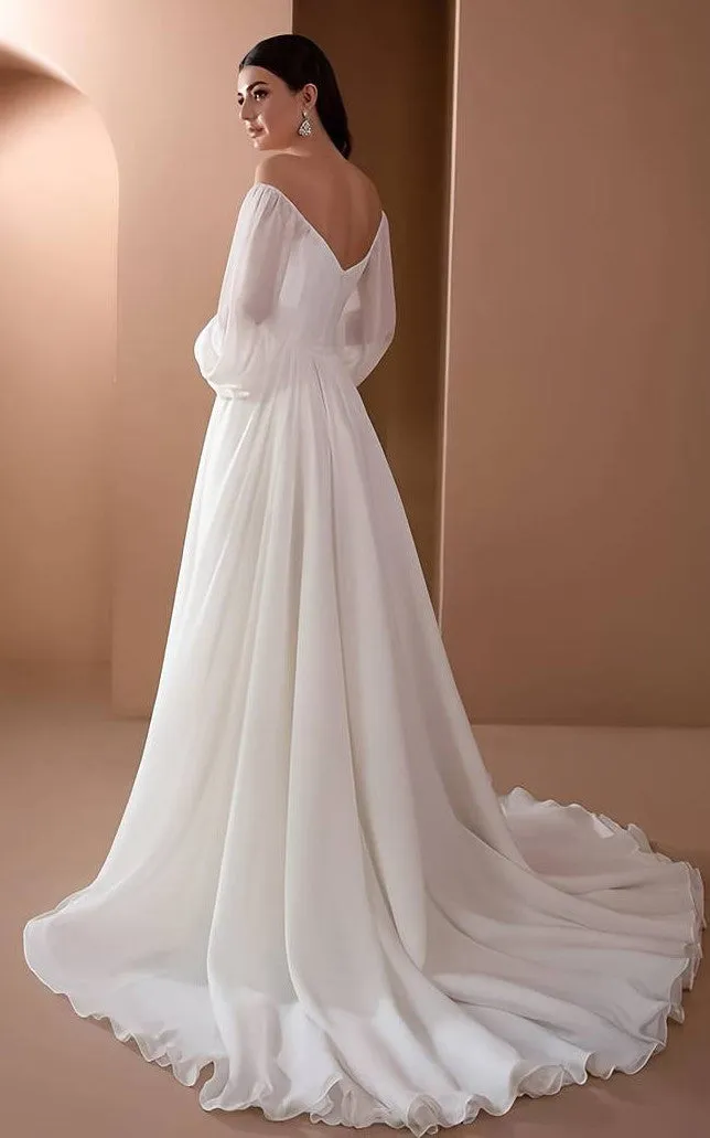 2023 A-Line Chiffon 3/4 Length Sleeve Wedding Dress Country Garden Floor-length Sweep Train Off-the-shoulder-716814