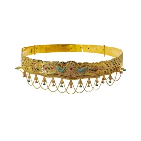 22K Yellow Gold Peacock Vaddanam Waist Belt W/ Emeralds, Rubies, CZ Gems & Chandelier Accents