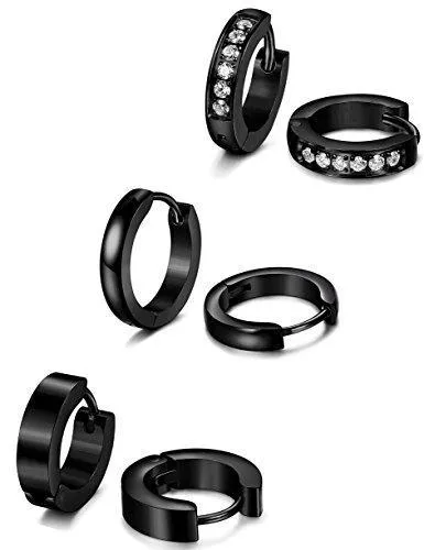 3 Pairs Stainless Steel Men Women Hoop Earrings Huggie Ear Piercings CZ 18G