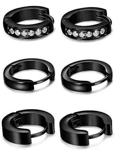 3 Pairs Stainless Steel Men Women Hoop Earrings Huggie Ear Piercings CZ 18G