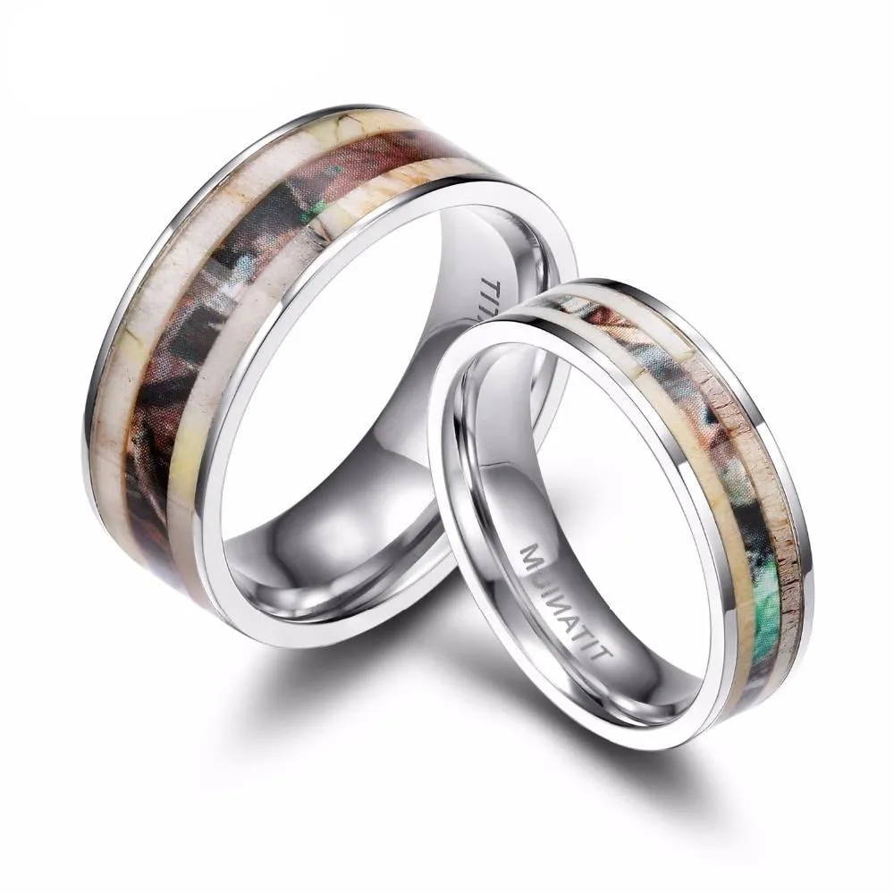 6 & 8mm Deer Antler and Camouflage Inlay Titanium Wedding Band