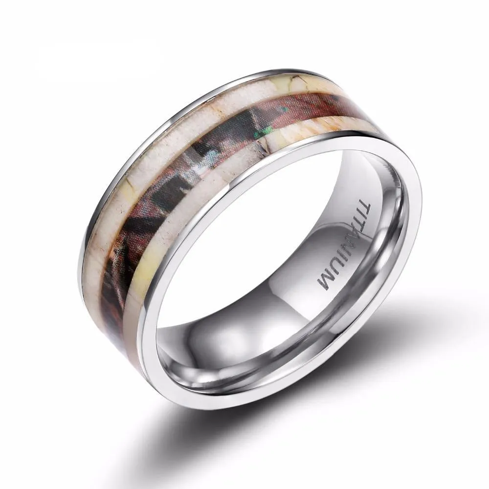 6 & 8mm Deer Antler and Camouflage Inlay Titanium Wedding Band