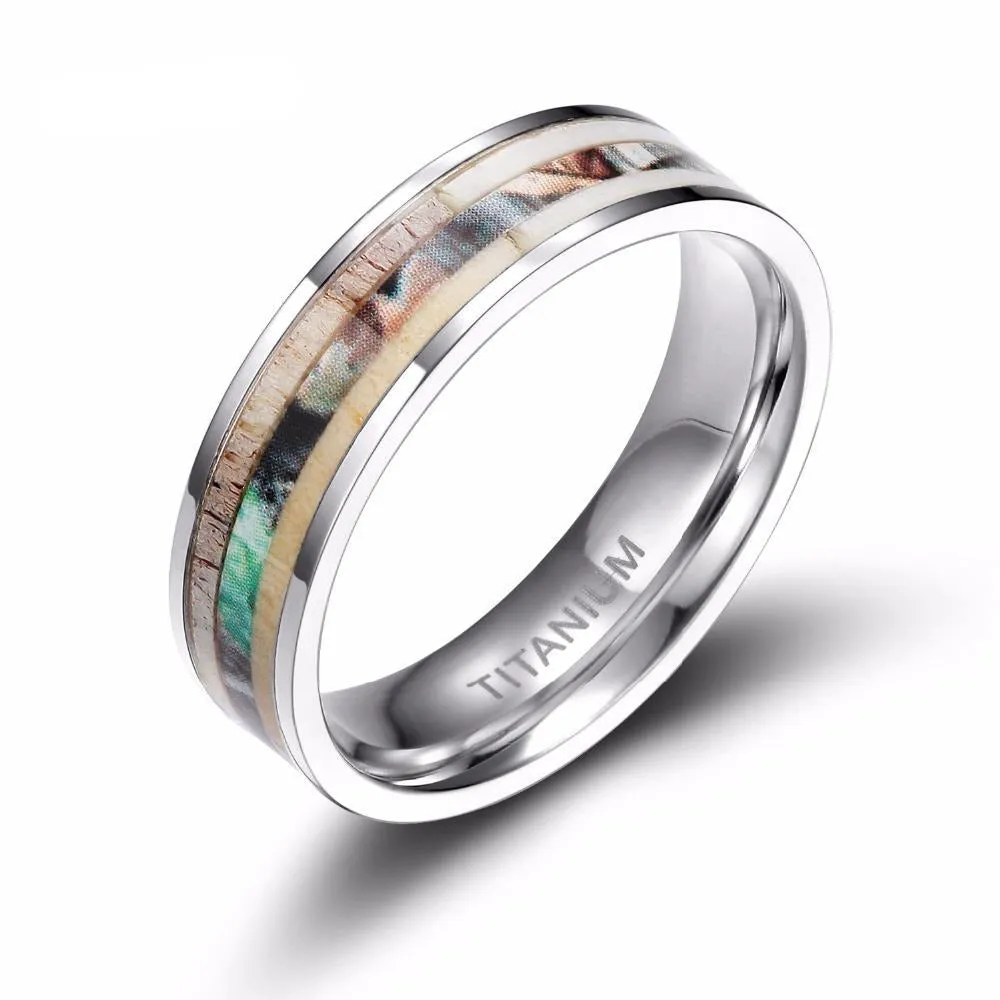 6 & 8mm Deer Antler and Camouflage Inlay Titanium Wedding Band