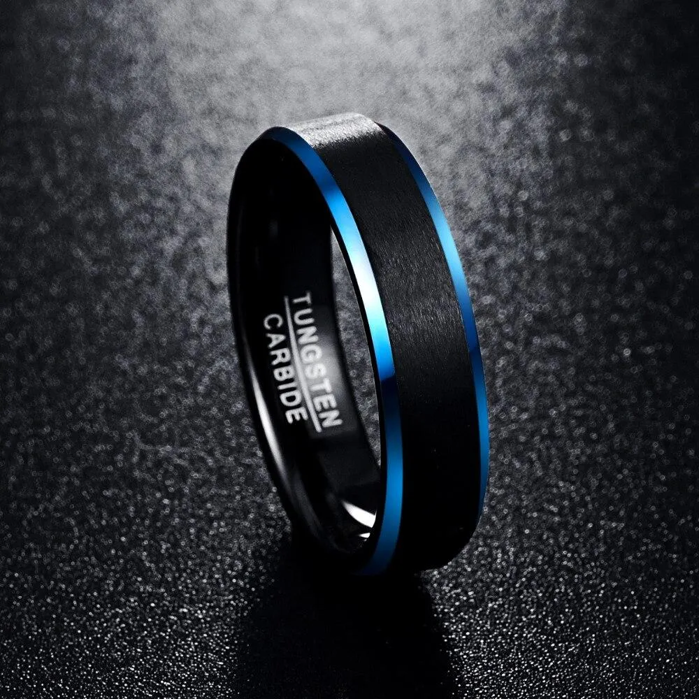 6mm Black Tungsten Carbide with Blue Outer Inlay Slim Type Wedding Band