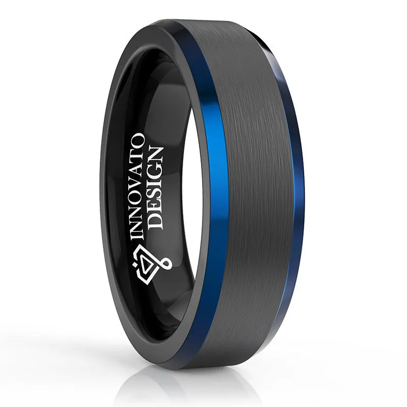 6mm Black Tungsten Carbide with Blue Outer Inlay Slim Type Wedding Band