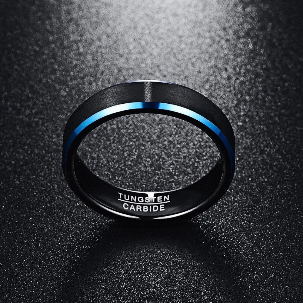 6mm Black Tungsten Carbide with Blue Outer Inlay Slim Type Wedding Band