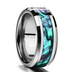 8mm Abalone Shell Inlay Beveled Stainless Steel Wedding Ring