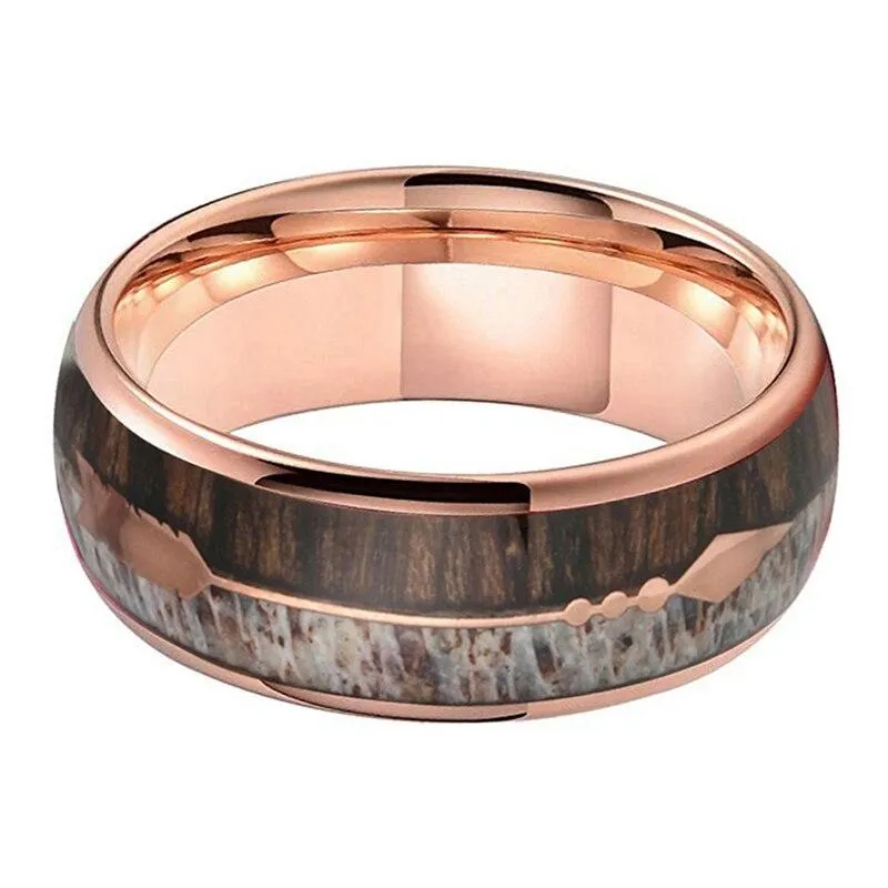 8mm Arrow Inlay Deer Antler and Zebra Wood Rose Gold Tungsten Wedding Ring