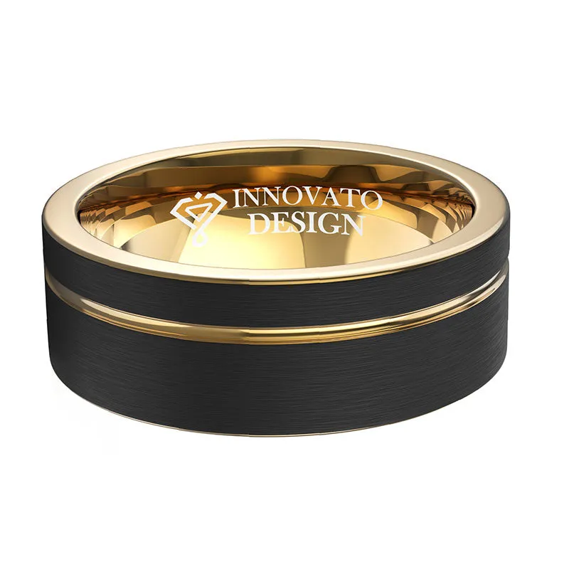 8mm Brushed Matte Black with Golden Groove Tungsten Carbide Ring