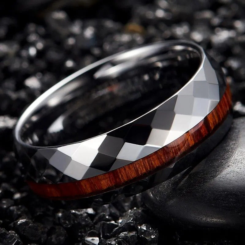 8mm Koa Wood Inlay Multifaceted Tungsten Wedding Ring