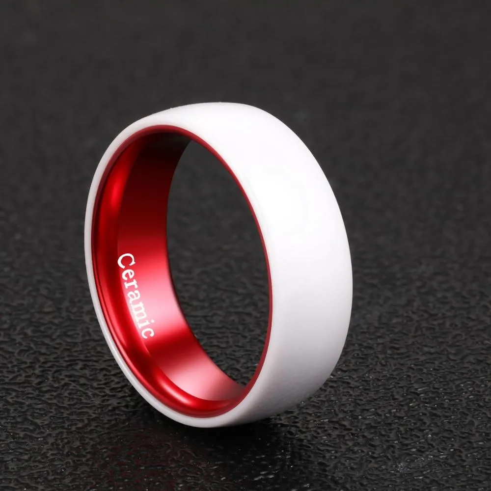 8mm Men White Ceramic with Aluminum Interior Comfort Fit Wedding Band