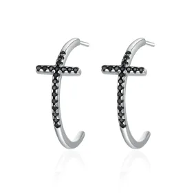 925 Sterling Silver Cross Hoop Earrings with Black Zircon