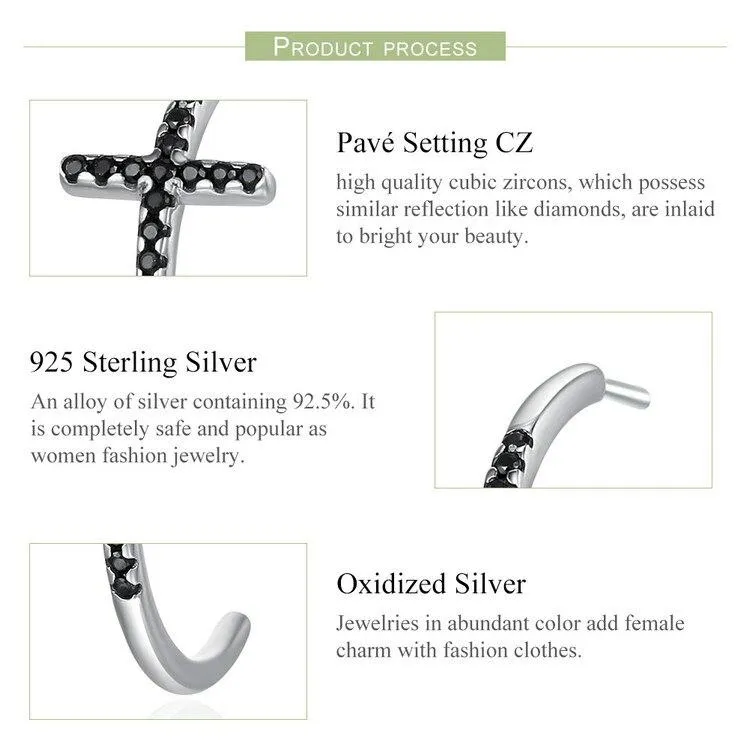 925 Sterling Silver Cross Hoop Earrings with Black Zircon