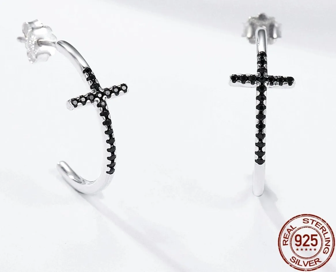 925 Sterling Silver Cross Hoop Earrings with Black Zircon