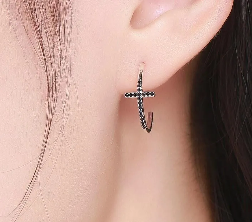 925 Sterling Silver Cross Hoop Earrings with Black Zircon