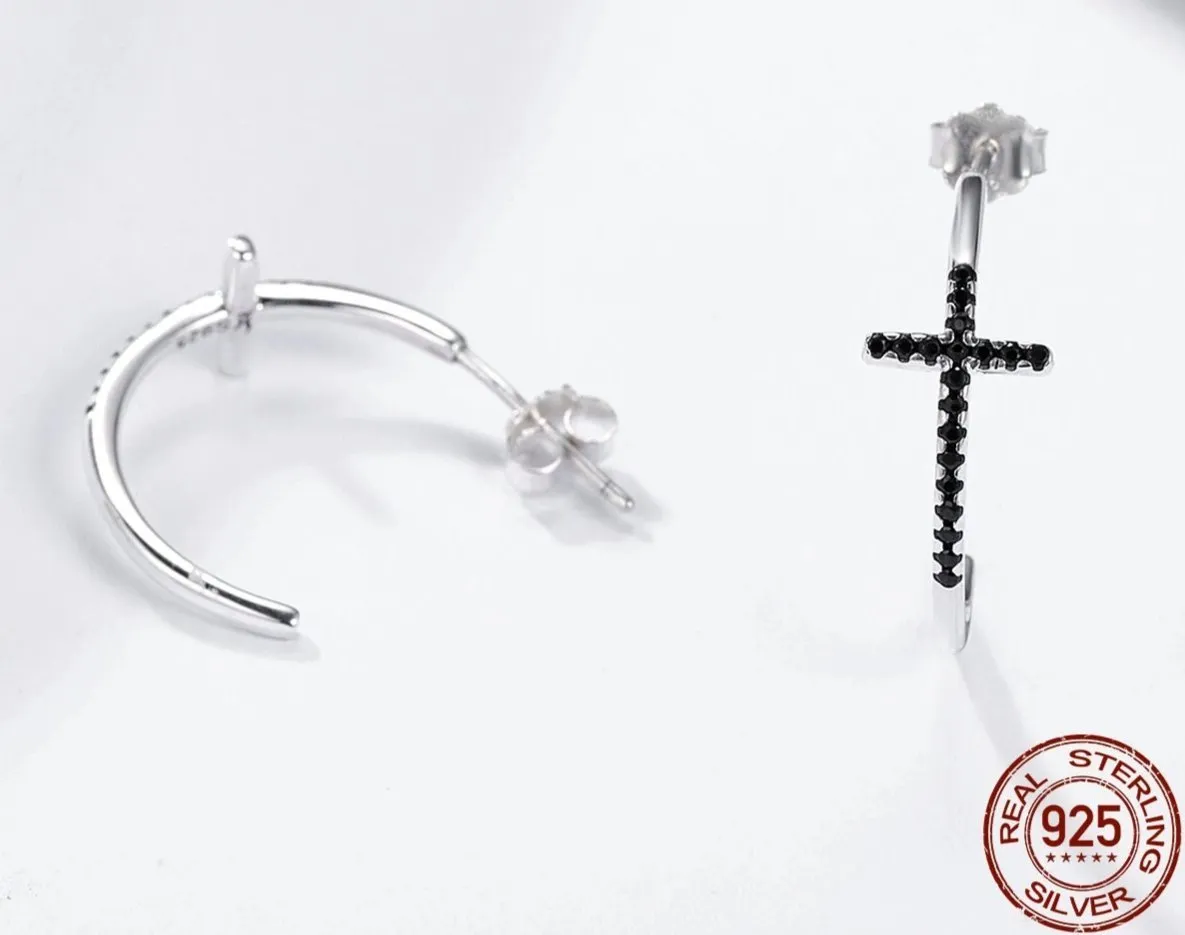 925 Sterling Silver Cross Hoop Earrings with Black Zircon