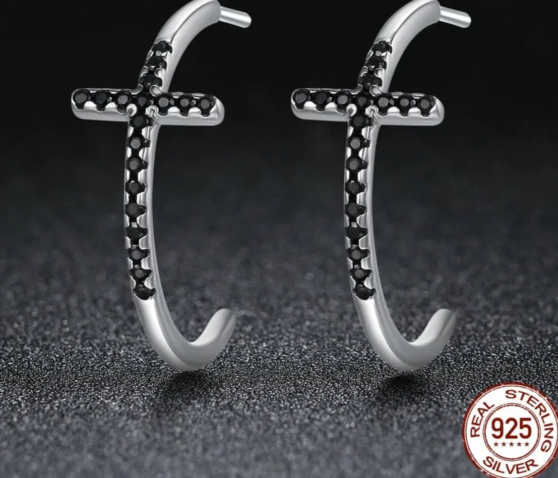 925 Sterling Silver Cross Hoop Earrings with Black Zircon