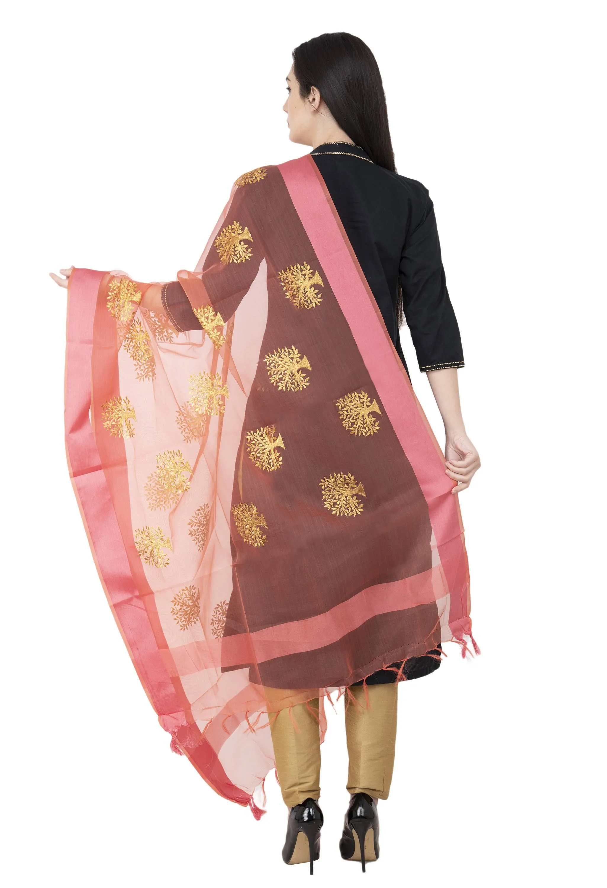 A R Silk TISSUE ZARI EMB. Golden Zari Emb. Color Rani Dupatta or Chunni