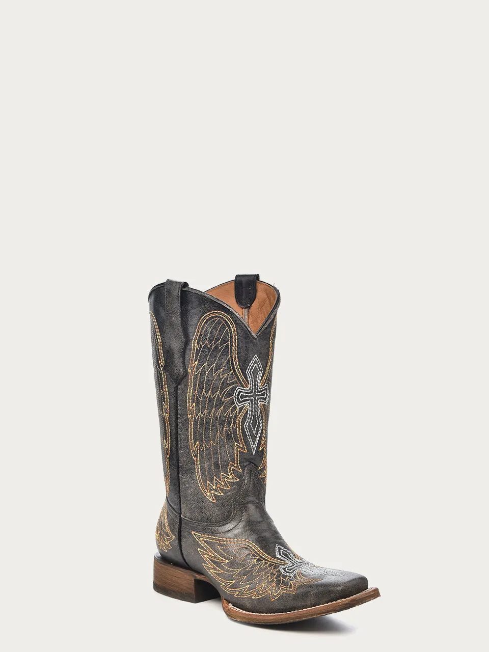 A1032 - TEEN'S CROSS AND WINGS EMBROIDERY SQUARE TOE COWBOY BOOT