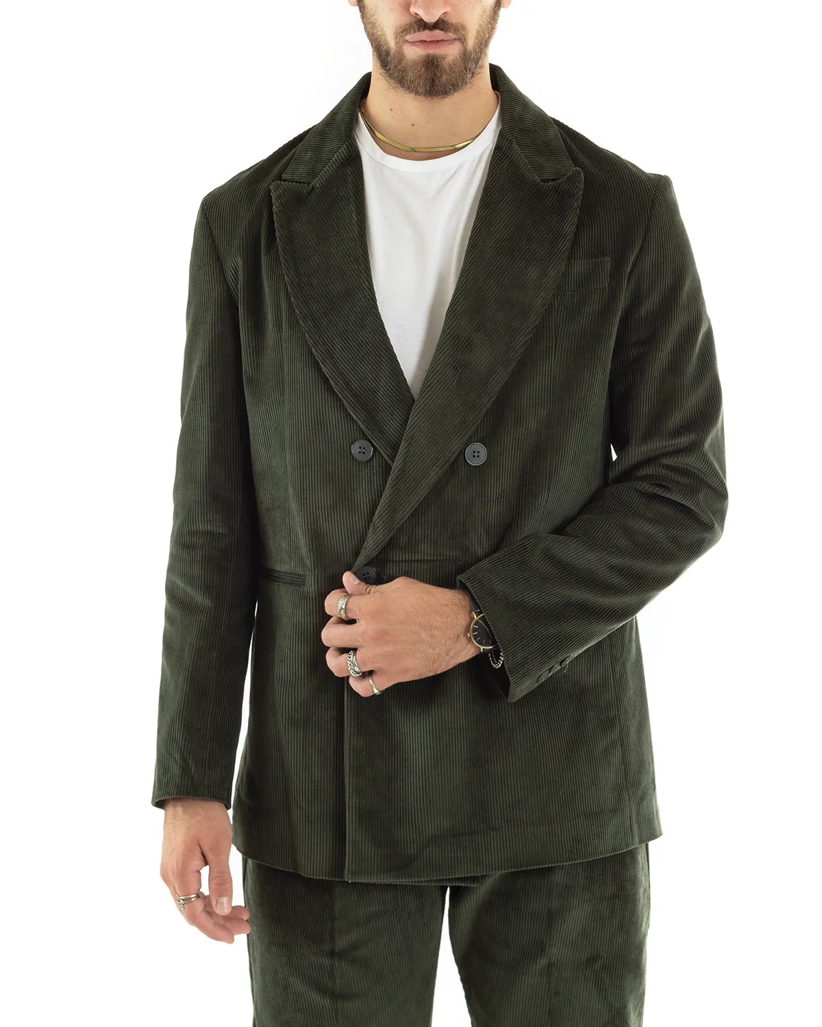 Abito Uomo Doppiopetto Vestito Velluto Completo Giacca Pantaloni Verde Elegante Cerimonia GIOSAL-OU2195A