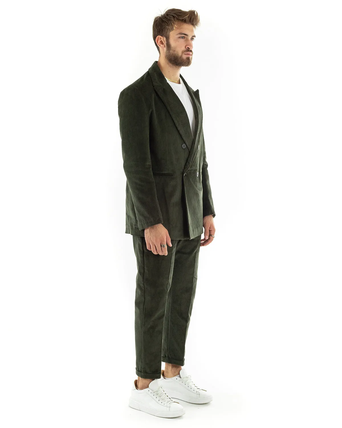 Abito Uomo Doppiopetto Vestito Velluto Completo Giacca Pantaloni Verde Elegante Cerimonia GIOSAL-OU2195A