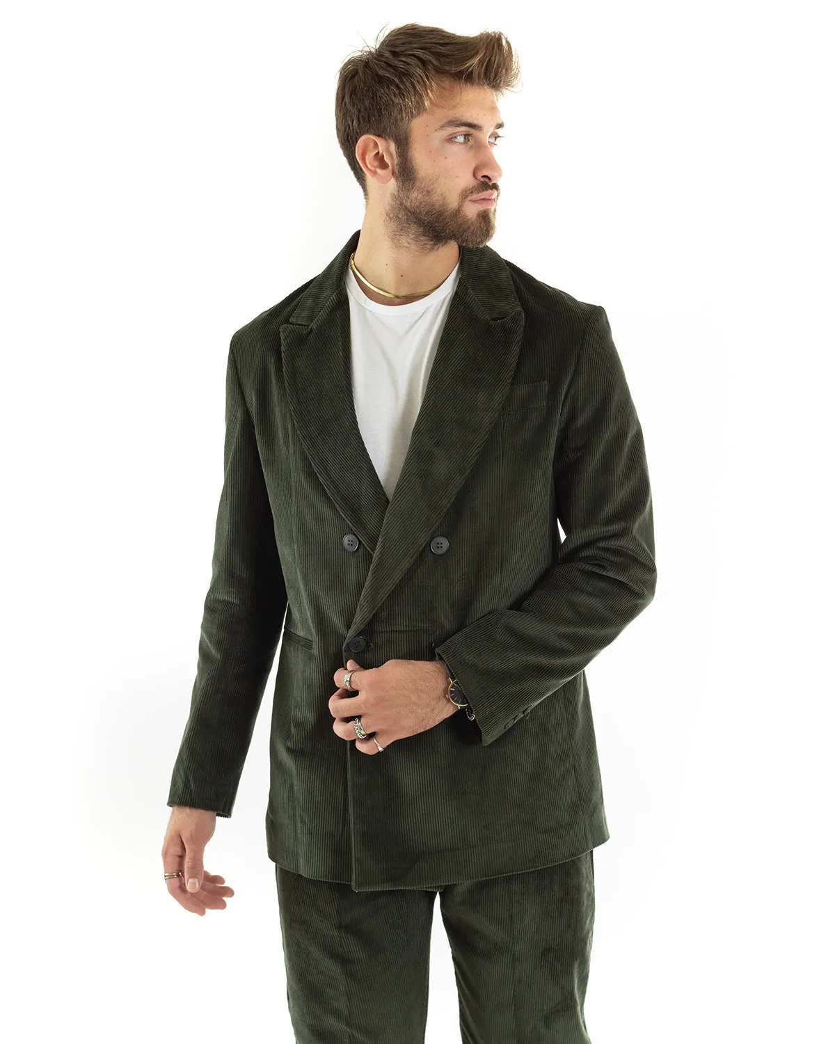 Abito Uomo Doppiopetto Vestito Velluto Completo Giacca Pantaloni Verde Elegante Cerimonia GIOSAL-OU2195A