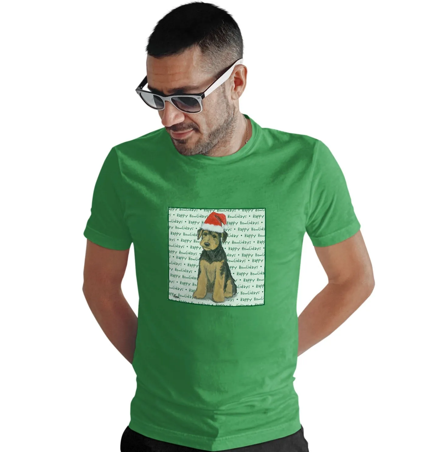 Airedale Terrier Puppy Happy Howlidays Text - Adult Unisex T-Shirt