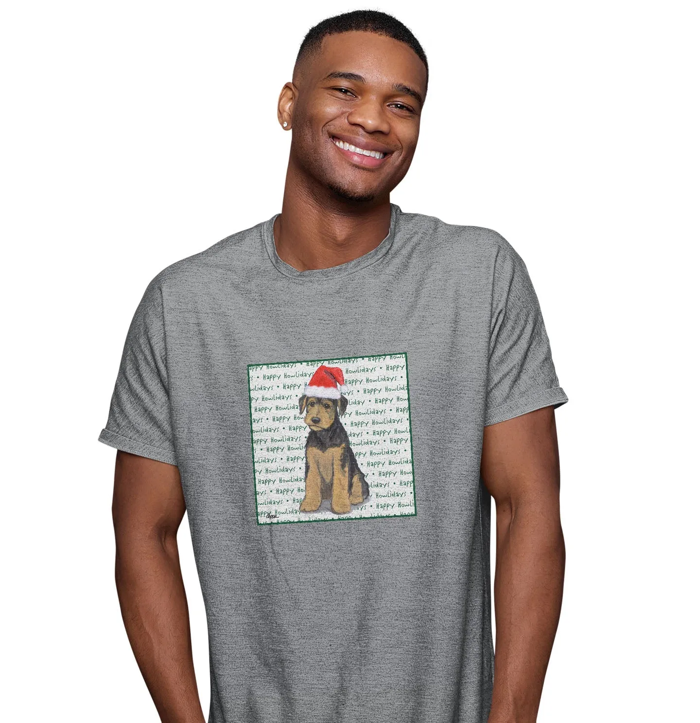 Airedale Terrier Puppy Happy Howlidays Text - Adult Unisex T-Shirt