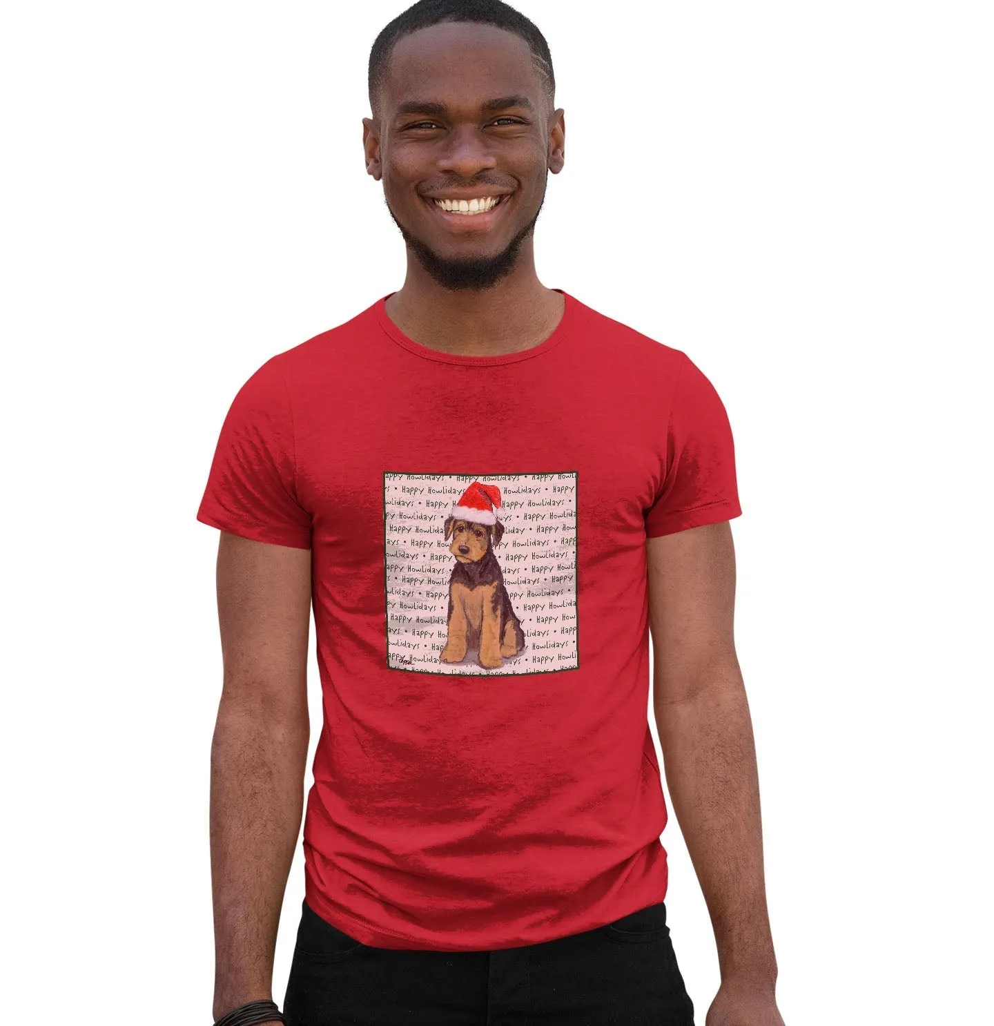 Airedale Terrier Puppy Happy Howlidays Text - Adult Unisex T-Shirt