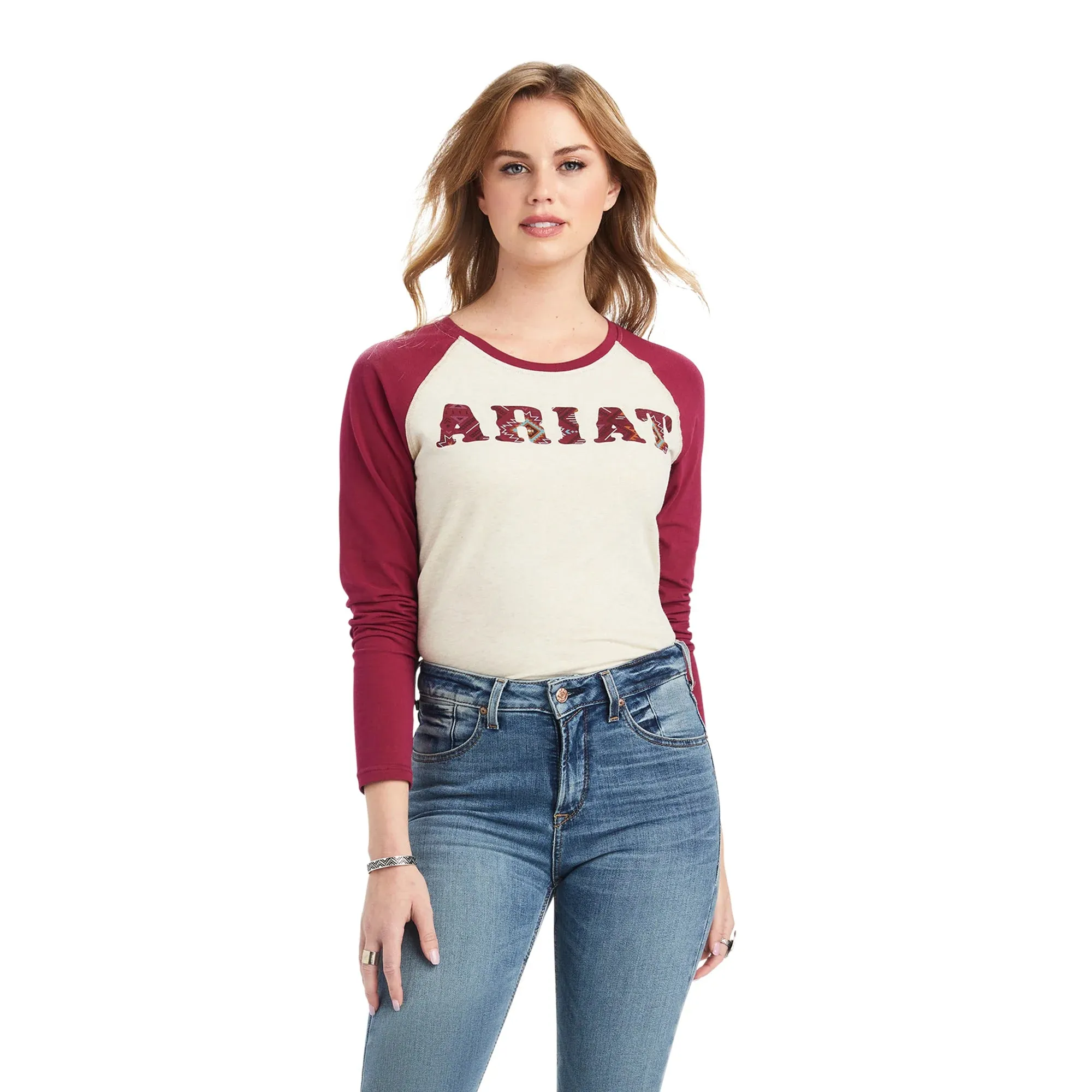 Ariat Womens R.E.A.L Oatmeal Heather/Beet Red Baseball T-Shirt