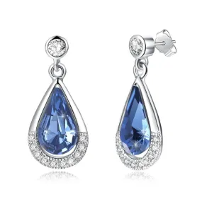 Austrian Crystal Blue Water Drop 925 Sterling Silver Elegant Stud Earrings