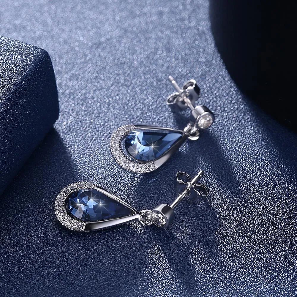 Austrian Crystal Blue Water Drop 925 Sterling Silver Elegant Stud Earrings