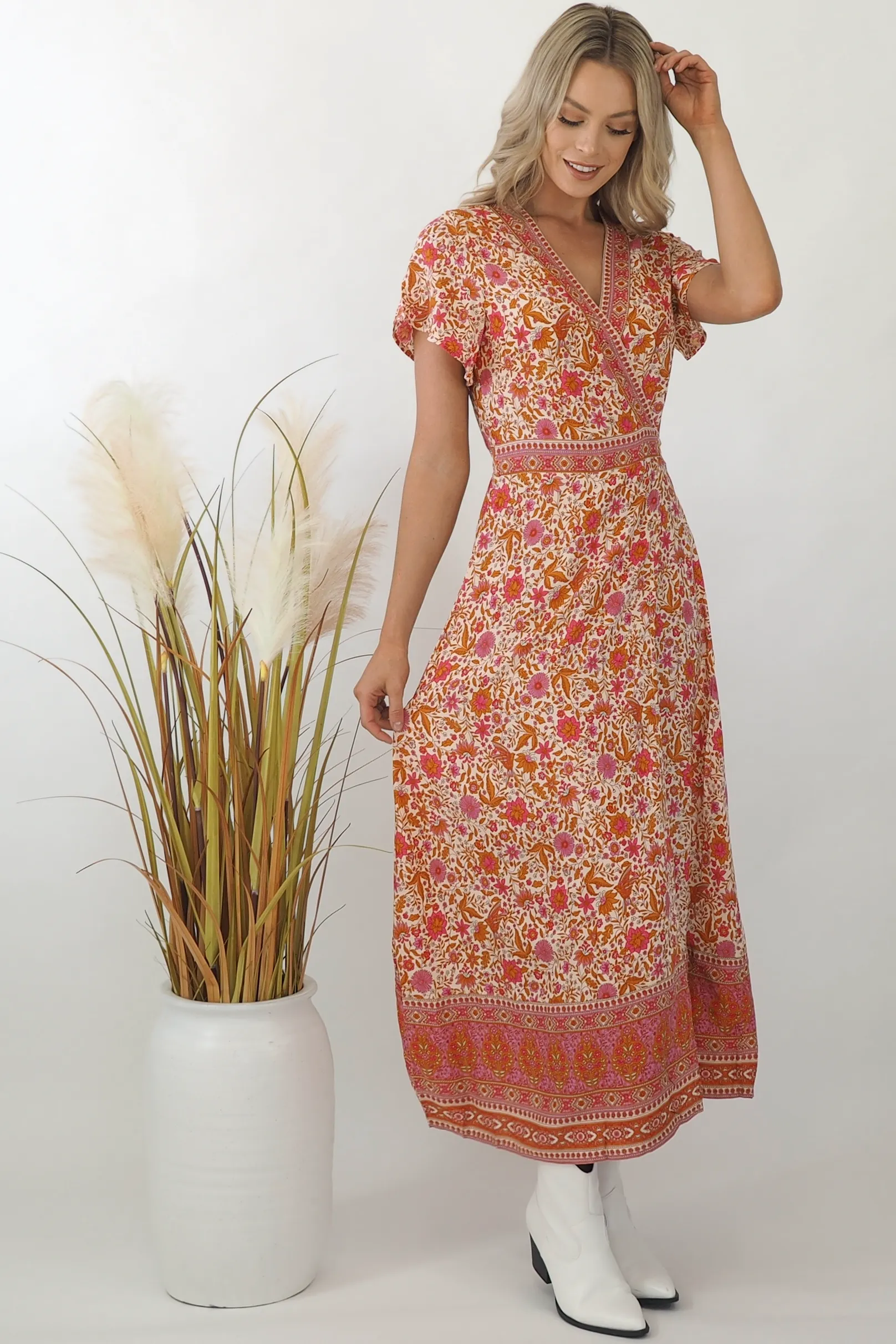 Ava Paisley Maxi Wrap Dress - Pink/Bronze