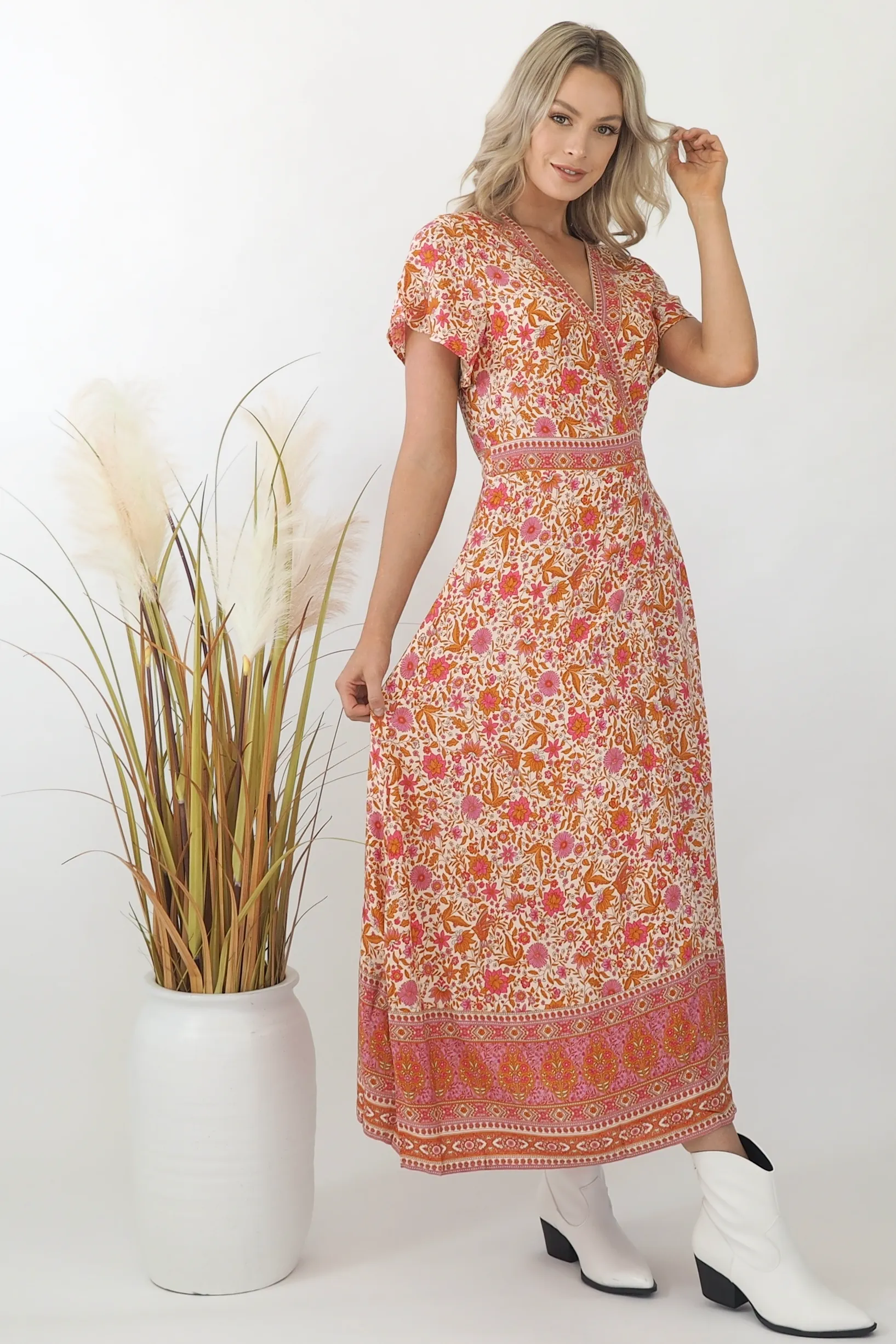 Ava Paisley Maxi Wrap Dress - Pink/Bronze