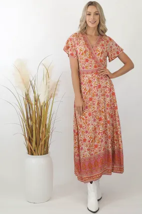 Ava Paisley Maxi Wrap Dress - Pink/Bronze