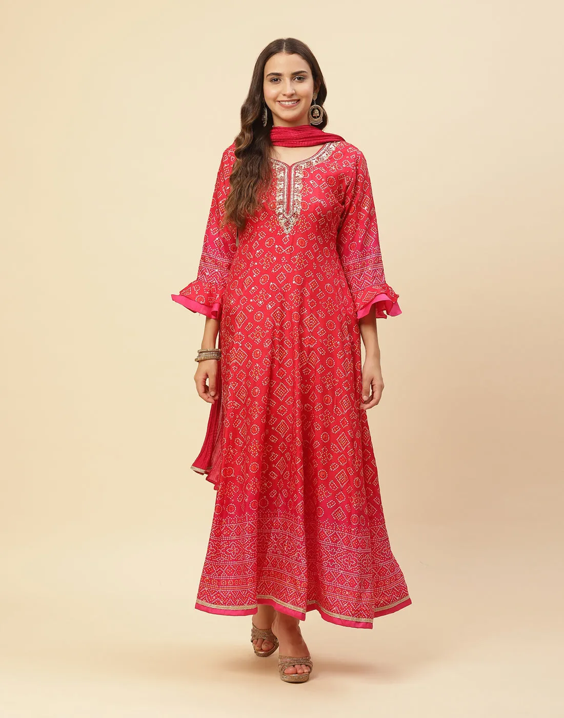 Bandhini Printed Handloom Dupion Salwar Kameez Stitched Suit With Art Silk Dupatta