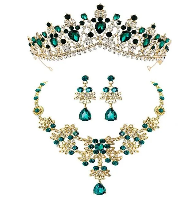 Baroque Gold and Crystal Tiara, Necklace & Earrings Wedding Prom Jewelry Set