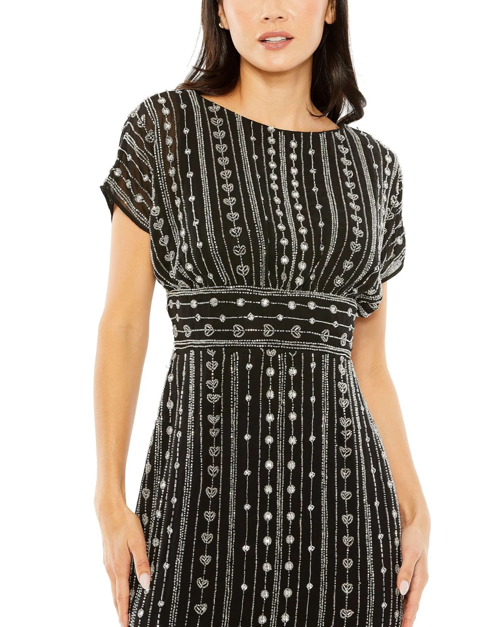 Beaded Cap Sleeve Column Midi Dress