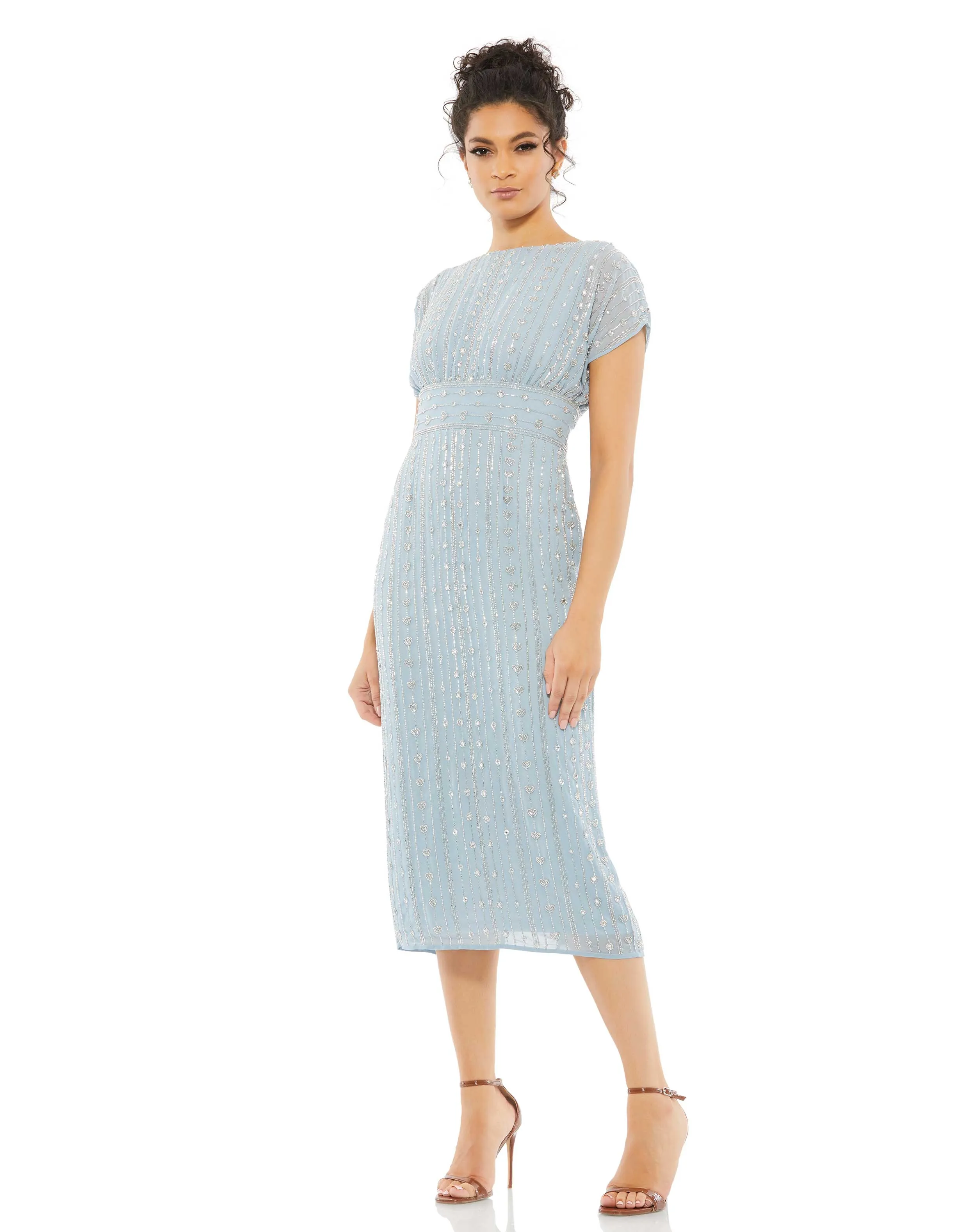 Beaded Cap Sleeve Column Midi Dress