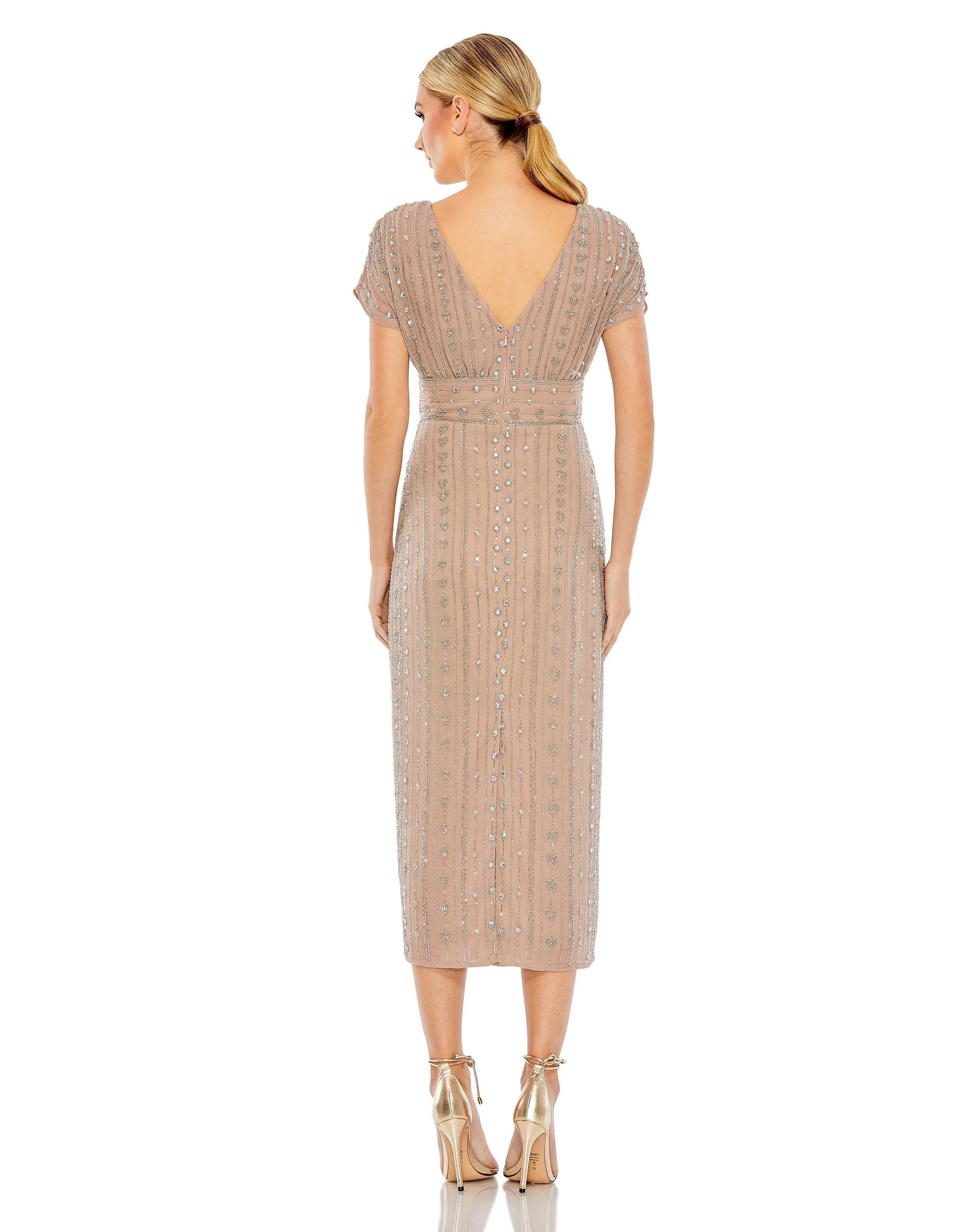 Beaded Cap Sleeve Column Midi Dress