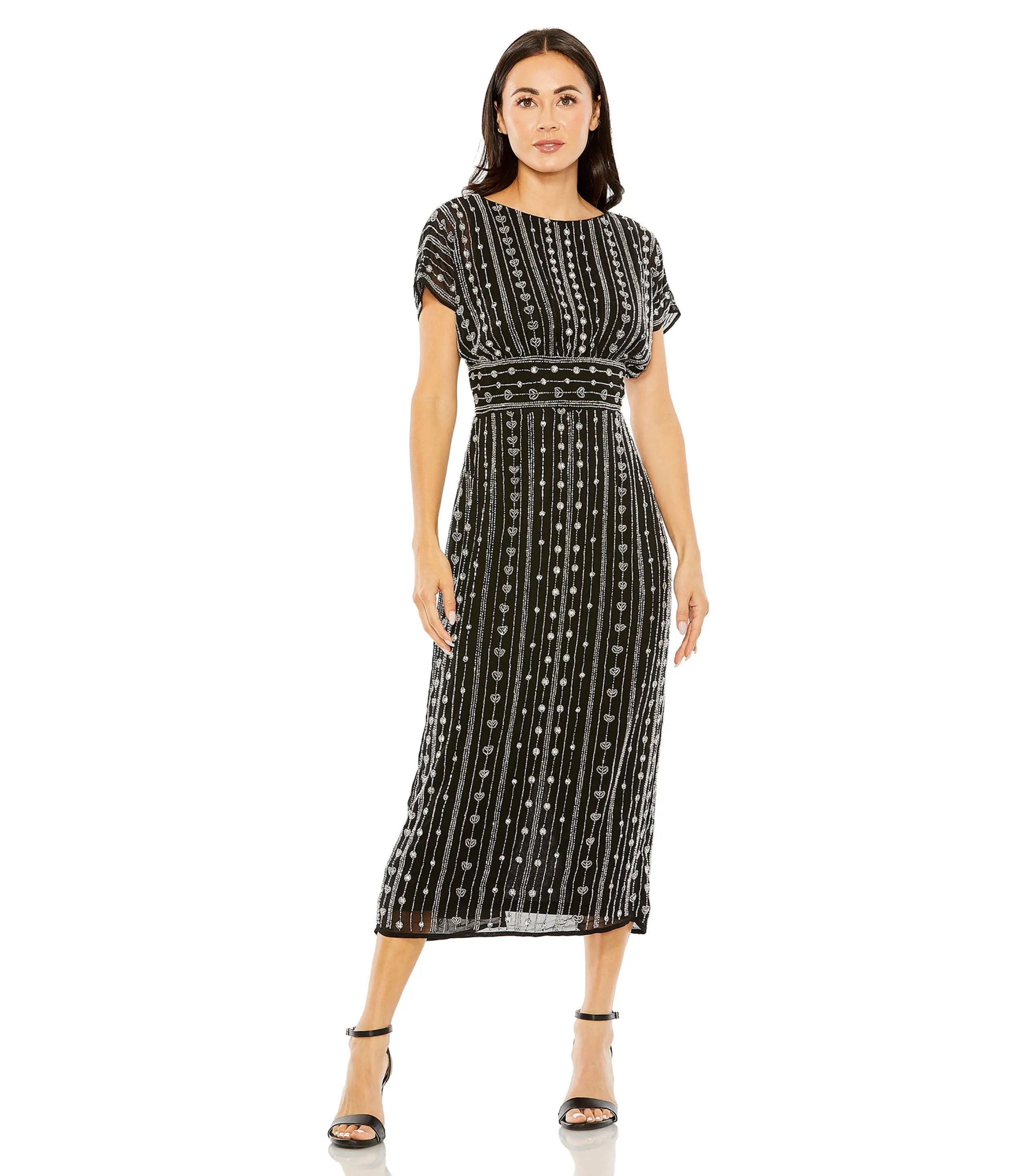 Beaded Cap Sleeve Column Midi Dress