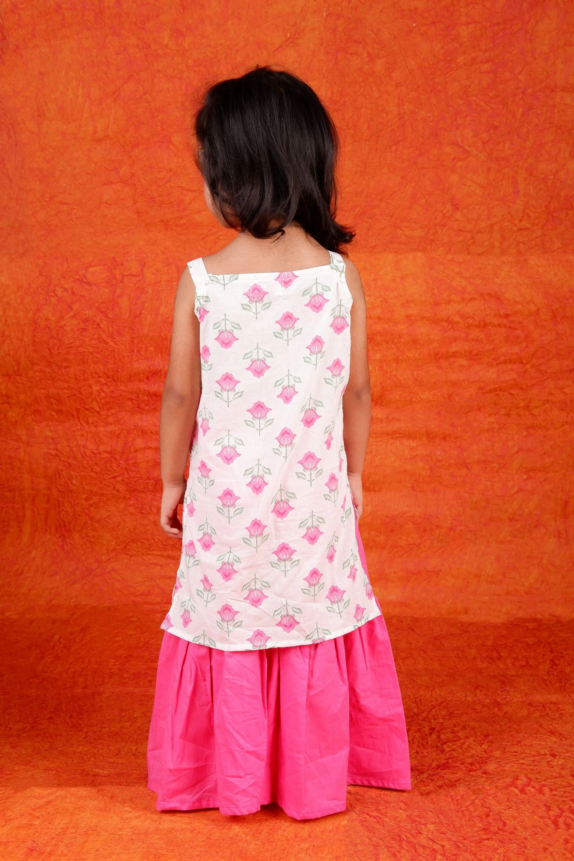 Beautiful Flower print with gota embellished Sleeveless Kurta with Sharara- White/Pink