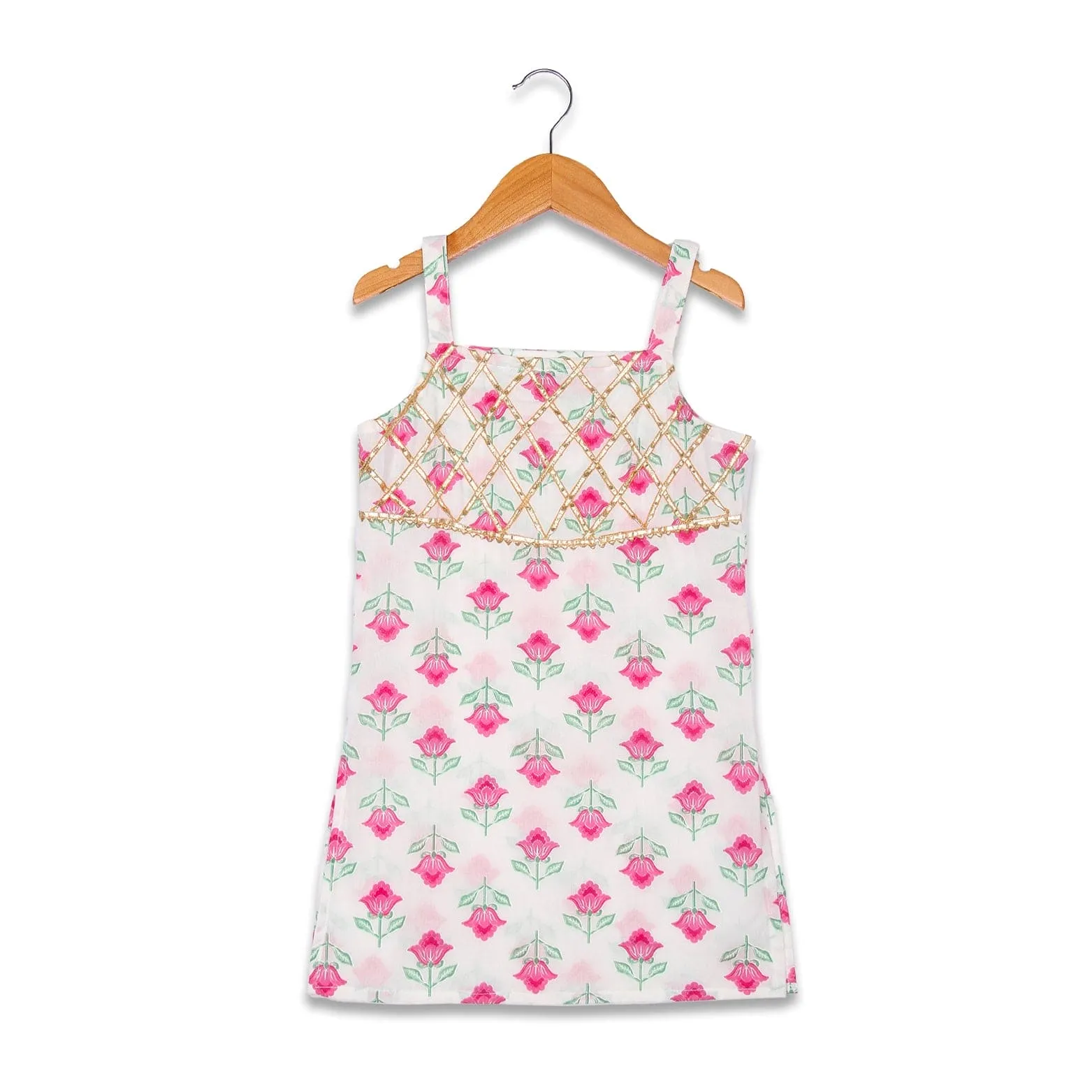 Beautiful Flower print with gota embellished Sleeveless Kurta with Sharara- White/Pink