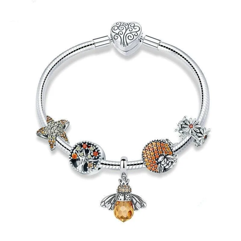 Bee and Daisy Flower 925 Sterling Silver Charm Bracelet