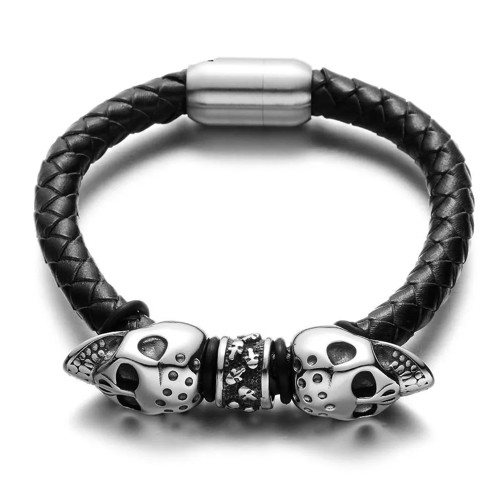 Black Braided Leather Stainless Steel Twin Devil's Skull Bracelet