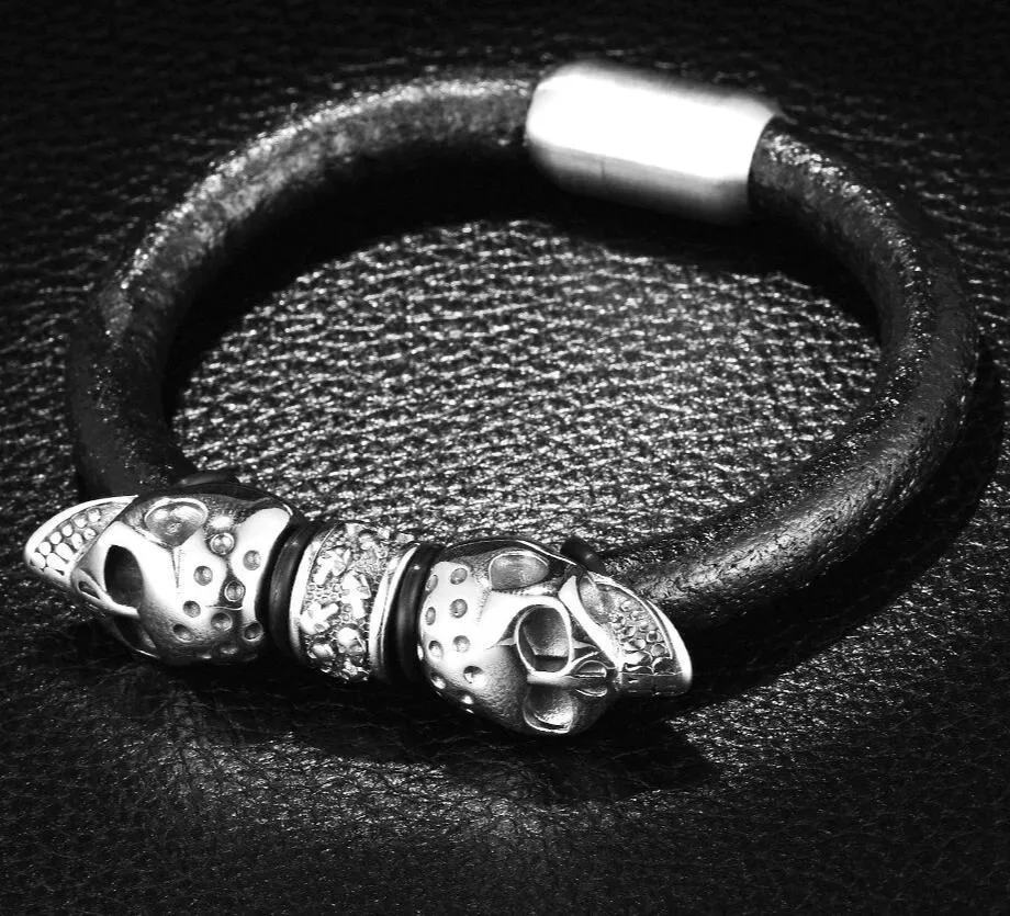 Black Braided Leather Stainless Steel Twin Devil's Skull Bracelet